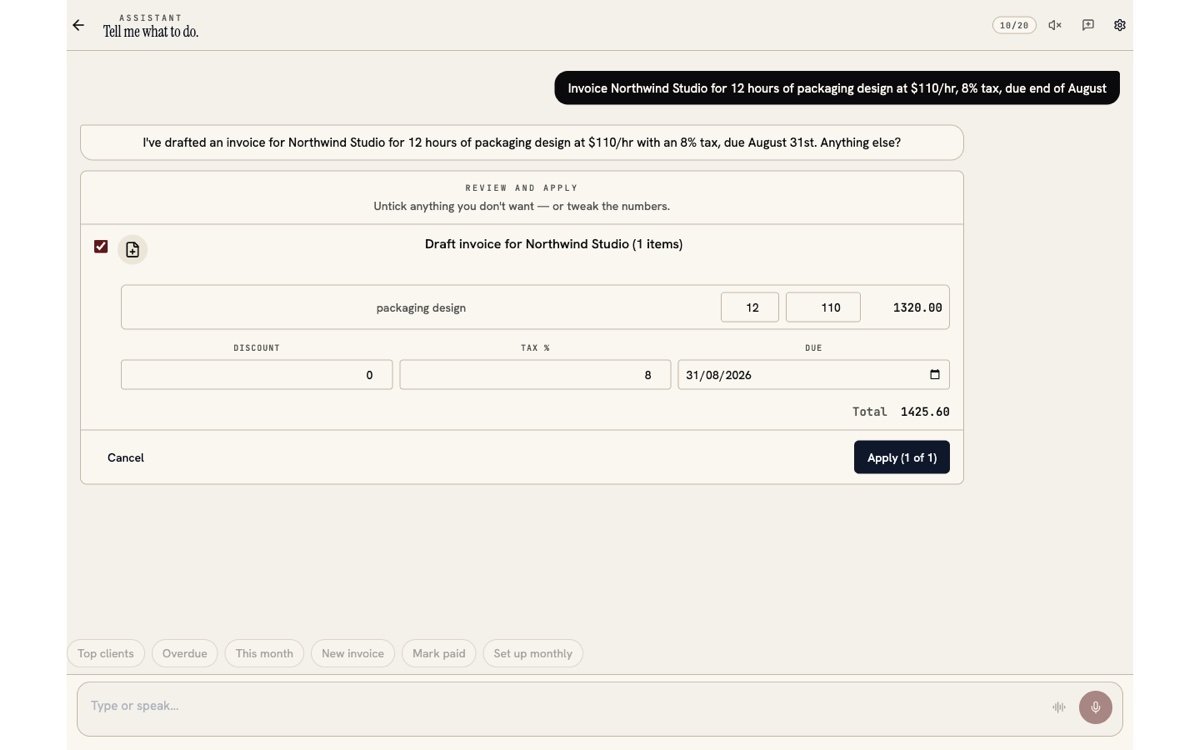 Inbill AI assistant chat drafting an invoice from a spoken command with a review-and-apply card