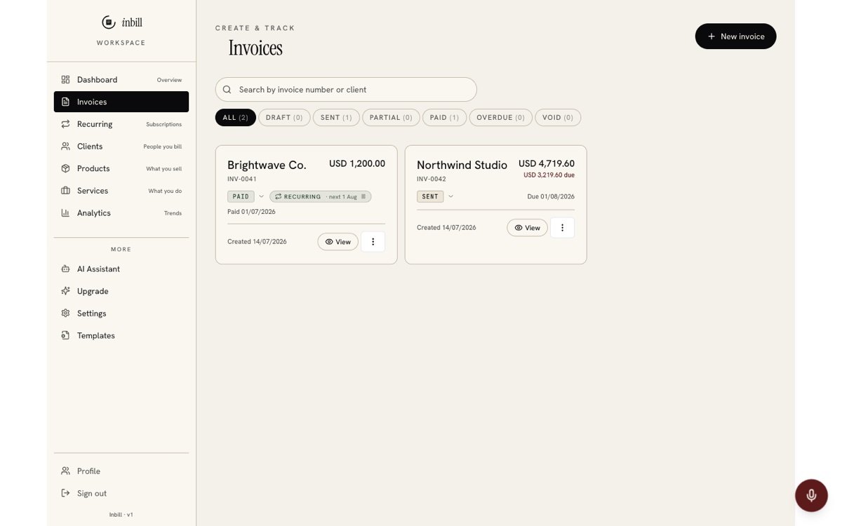 Inbill invoice list showing paid, sent and recurring invoices with balances