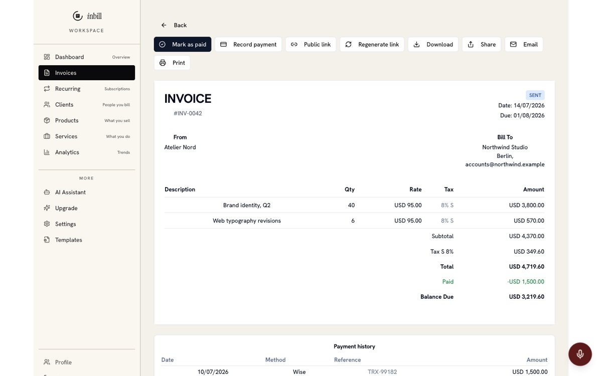 Inbill invoice view with payment history, paid amount and balance due