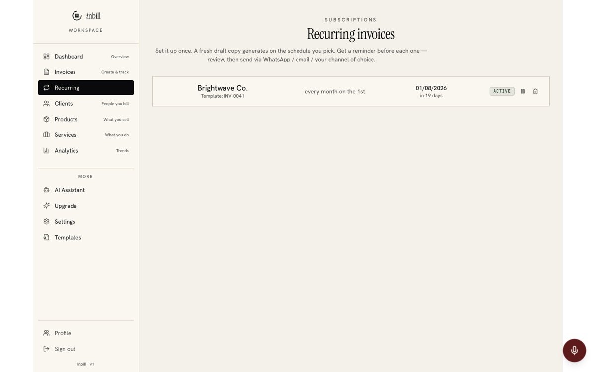 Inbill recurring invoice schedule with monthly rhythm and next run date