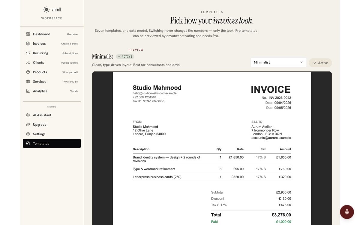 Inbill templates page with live PDF preview of the Minimalist invoice design